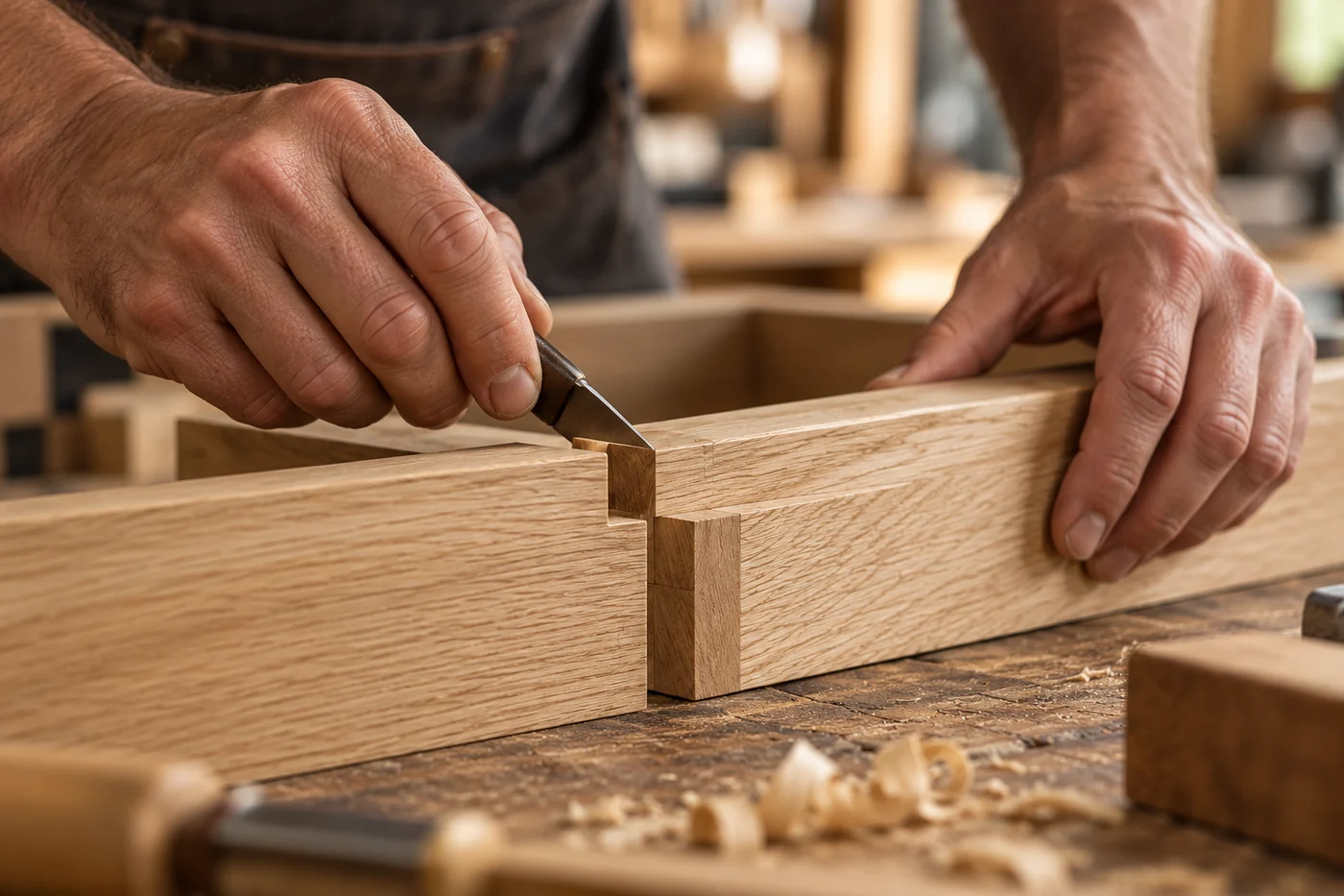 Craftsperson checking an oak wood joint