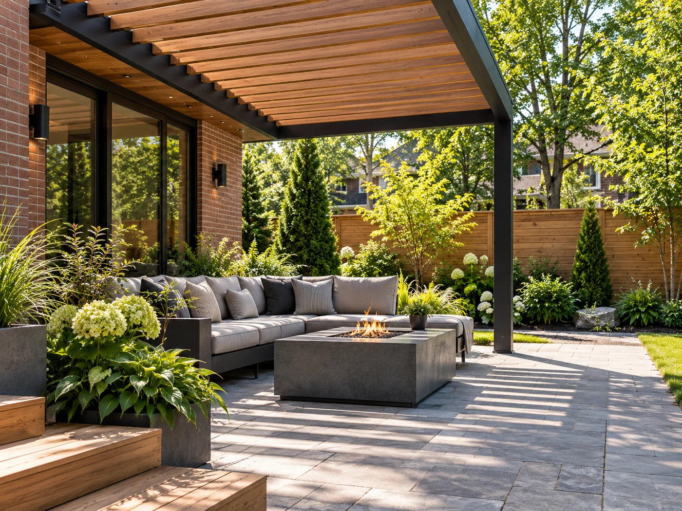 Cedar pergola and stone patio paving in an Ontario backyard