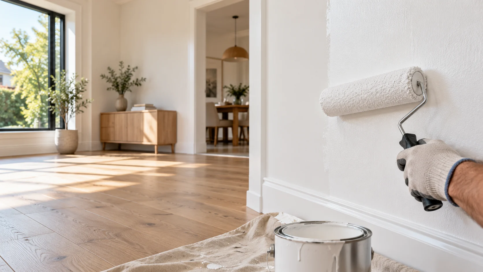 A white wall being carefully painted beside refreshed oak flooring